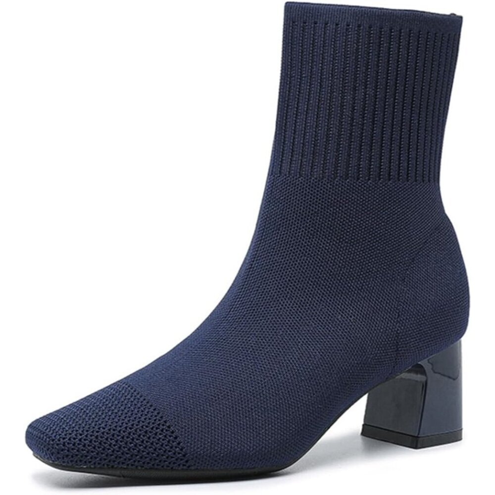 Women's Navy Blue Dressy Comfy Knit Sock Square Toe Chunky Heel Slip On Booties